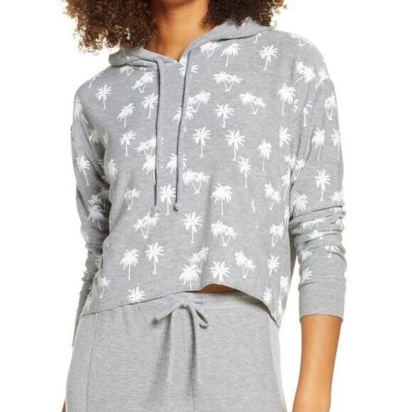 CHASER Womens Gray Palm Trees Cropped Yoga Hoodie Sweatshirt Medium - Picture 3 of 13